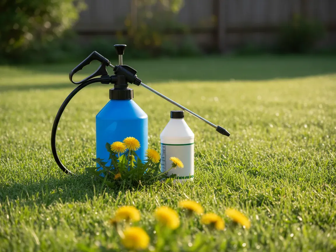 Garden pressure sprayer and herbicide bottle on a green lawn by dandelions in bright morning sunlight.